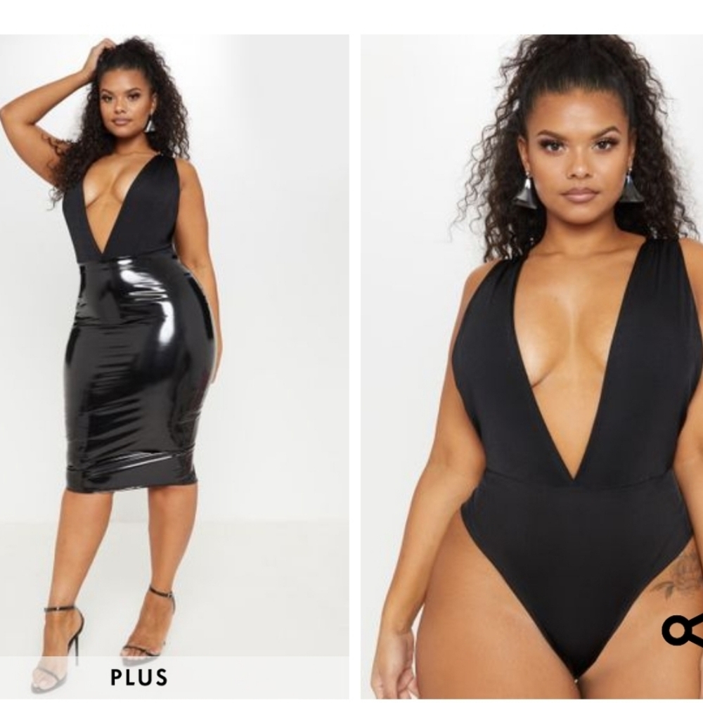 NWT PLT Black Slinky Drape Plunge Bodysuit Size 16
